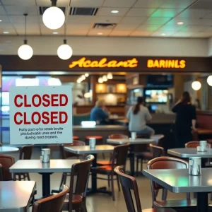 Closed TGI Fridays restaurant in Myrtle Beach with empty tables and signage