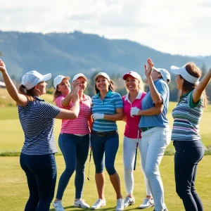Female golfers celebrating on a golf course