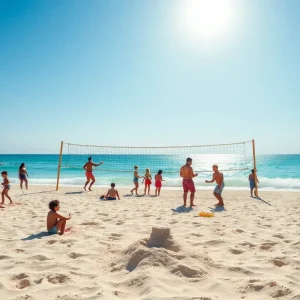 Families enjoying activities at a sunny beach