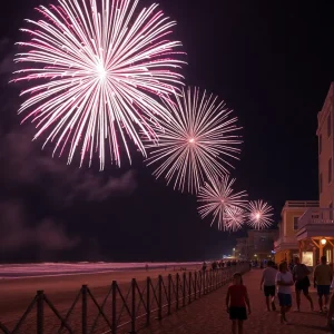 Fireworks illuminating the night sky above Myrtle Beach during July 4 celebrations.