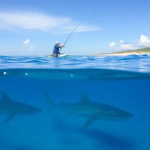 Fishing on the beach with sharks in the water