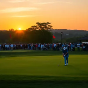 A celebration on the golf course with golfers and spectators.