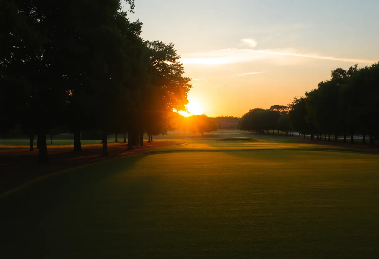 A tranquil sunset view of a golf course with trees.