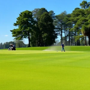Golf course aeration in Myrtle Beach with workers introducing top-dressing.