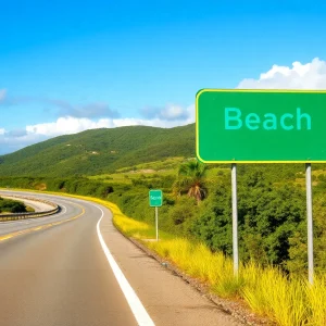 Scenic highway leading to a beach with travel signs