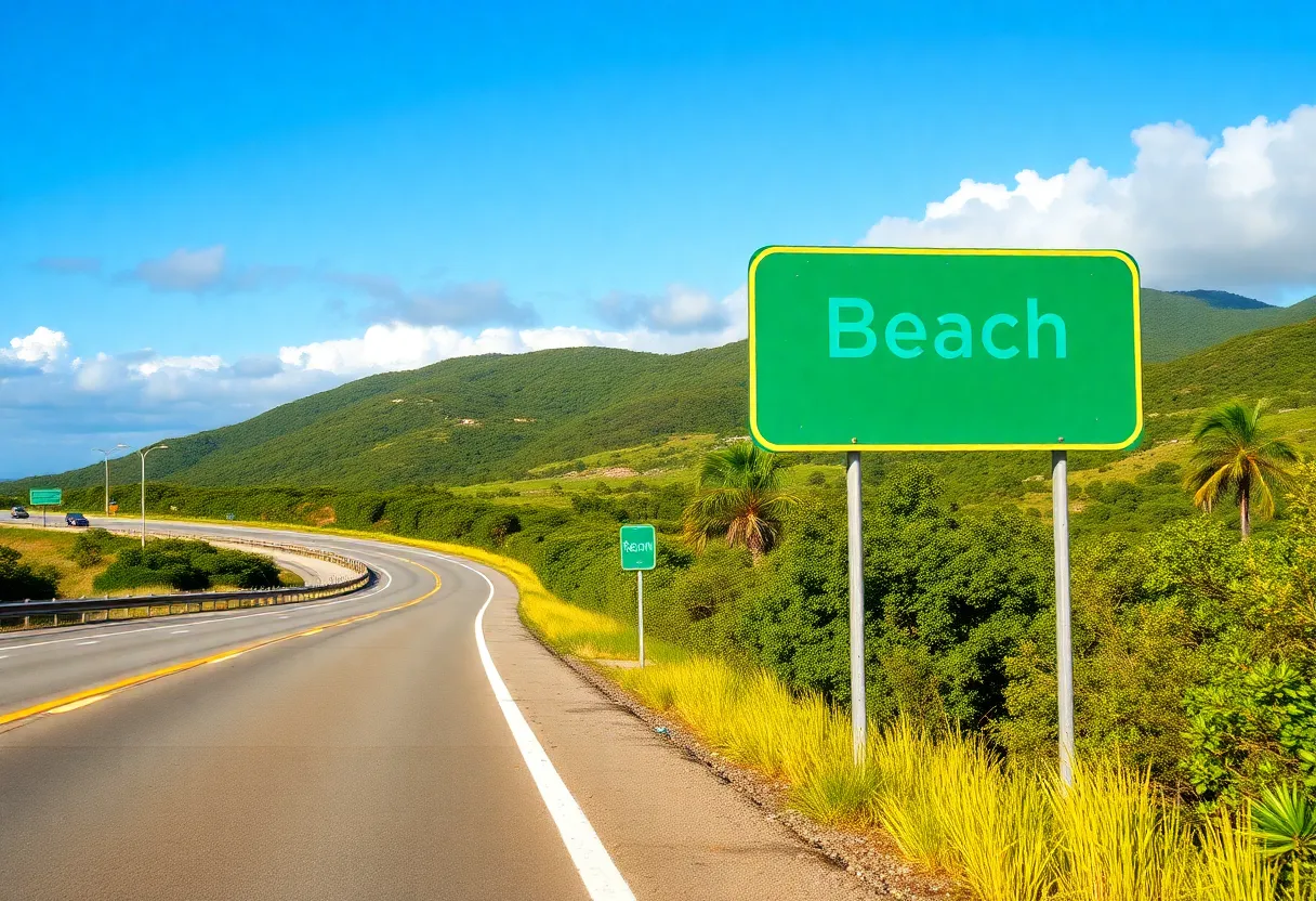 Scenic highway leading to a beach with travel signs