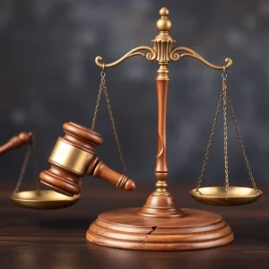 Illustration of justice scales and gavel representing domestic violence issues.