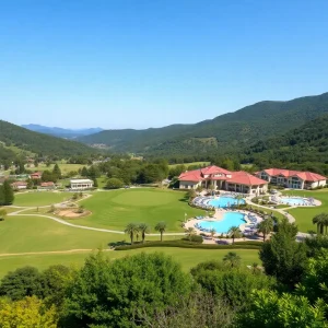 Scenic view of a luxurious golf resort with pools and golf courses.