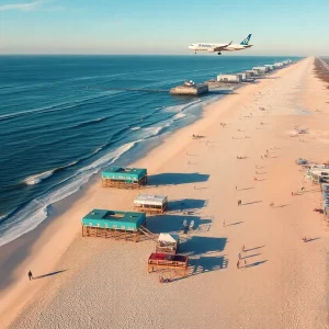 Aerial view of Myrtle Beach with beaches and an airplane in the sky.