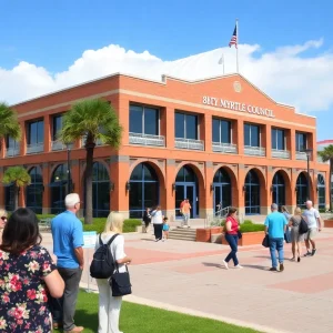 Myrtle Beach City Council building with citizens engaged in a community discussion