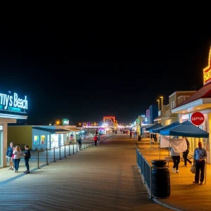 Night view of Myrtle Beach boardwalk with curfew signage