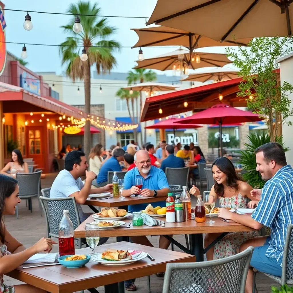 A lively outdoor dining area in Myrtle Beach with people enjoying various dishes.