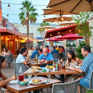 A lively outdoor dining area in Myrtle Beach with people enjoying various dishes.