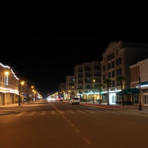 View of downtown Myrtle Beach with empty streets at night