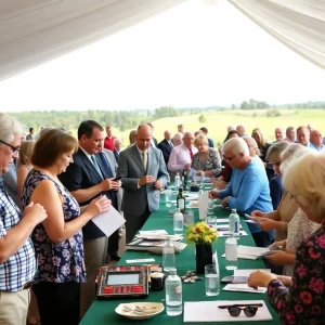 Community members participating in a charity auction at a golf course.