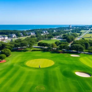 Aerial view of Myrtle Beach golf course during aeration process