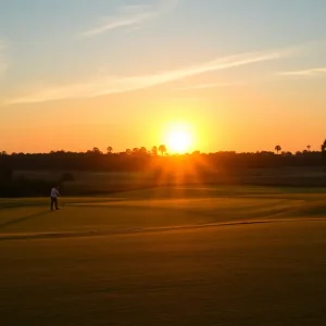 A vibrant golf course in Myrtle Beach during sunset, players celebrating a golf win.
