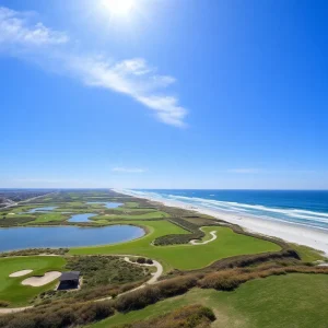 Scenic view of Myrtle Beach with golf courses and beachgoers