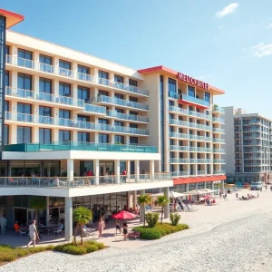 A modern hotel in Myrtle Beach with tourists enjoying the amenities.