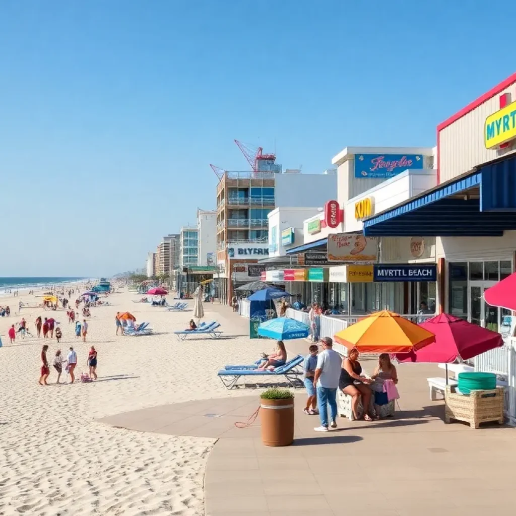 Local businesses in Myrtle Beach with tourists and beach scenery.