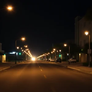 Myrtle Beach street with curfew signs at night