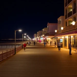 Night view of Myrtle Beach boardwalk with people enjoying the atmosphere.