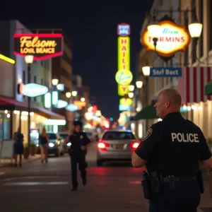 Downtown Myrtle Beach at night showing local businesses
