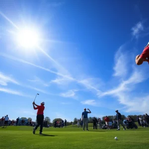 Dramatic scene of golfers competing at the Myrtle Beach Open.