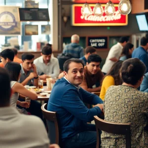A dining scene at a Myrtle Beach restaurant with diverse guests enjoying meals.