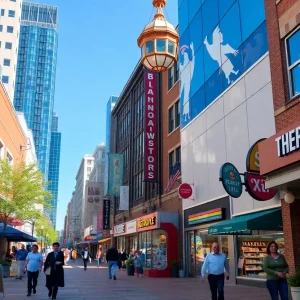 Revitalized downtown Myrtle Beach with diverse retail shops.