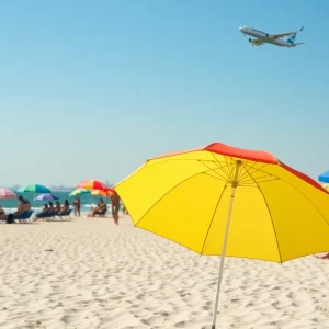 A sunny Myrtle Beach scene with people on the beach and an airplane above.