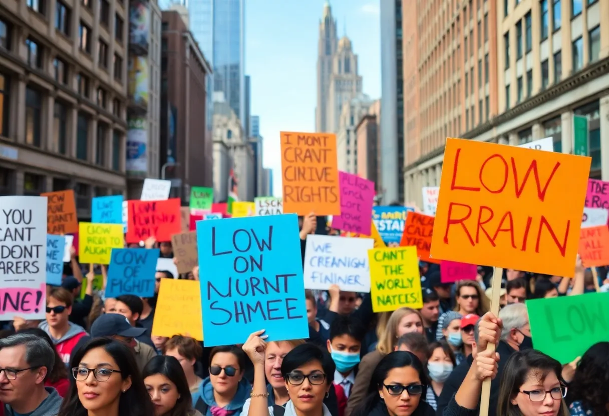 Crowd of protesters advocating for civil rights with signs