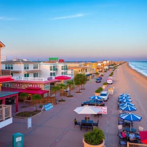 Coastline of North Myrtle Beach with shops and restaurants