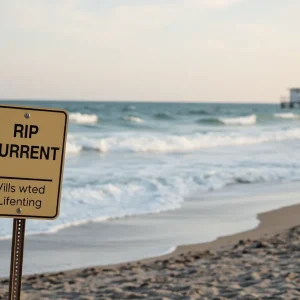Warning sign about rip currents at North Myrtle Beach