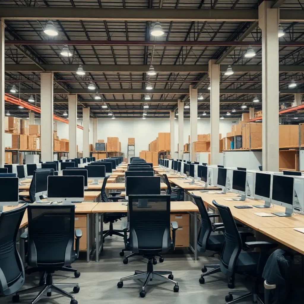 Interior view of an office furniture warehouse with chairs and desks.