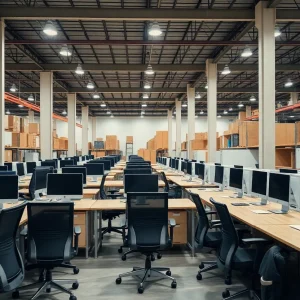 Interior view of an office furniture warehouse with chairs and desks.
