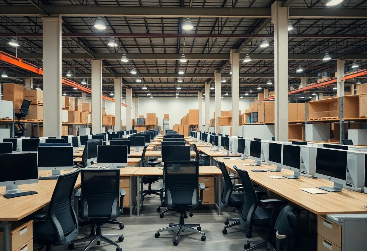 Interior view of an office furniture warehouse with chairs and desks.