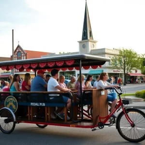 A group of people enjoying a Pedal Pub tour in downtown Conway