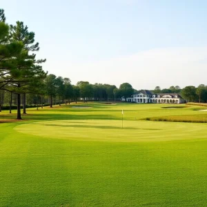 A stunning golf course in Myrtle Beach, showcasing lush greens and clear skies.
