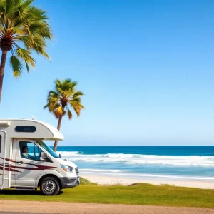An RV parked on a sandy beach with palm trees and ocean waves.