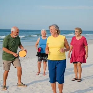 Seniors playing pickleball on the beach in Myrtle Beach, South Carolina.