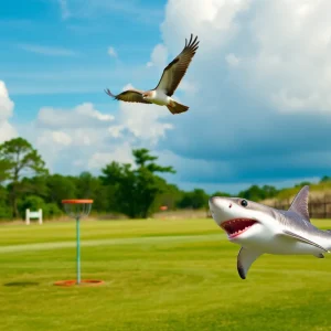 A hammerhead shark falling from the sky at a disc golf course in Myrtle Beach.