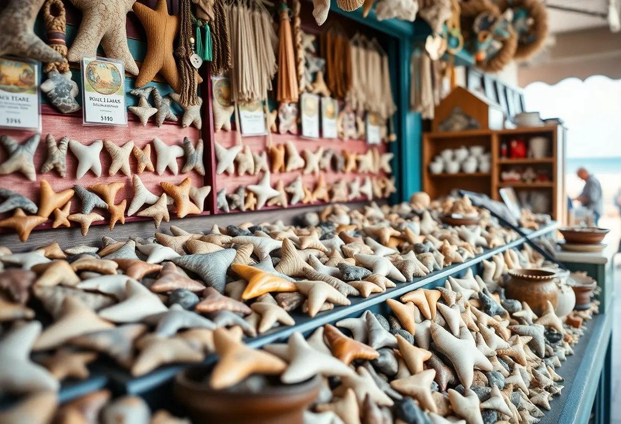 A wide assortment of shark teeth and fossils displayed in a retail store.