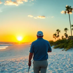 A beautiful South Carolina beach scene featuring a golfer at sunset.