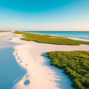 A peaceful hidden beach in South Carolina with sandy shores and marshes.