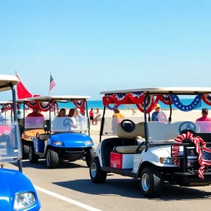 Golf carts decorated for the Independence Day parade at Surfside Beach
