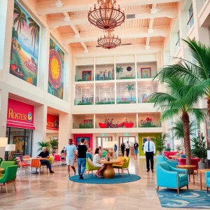 Colorful and inviting lobby of The Shelby Hotel in Myrtle Beach