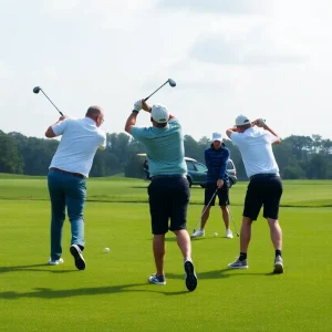 Golf players practicing on a green course