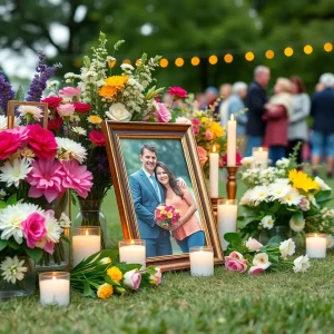 A peaceful memorial service setup with flowers and candles