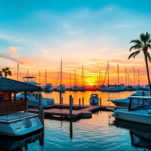 Tiki bar boats docked at a marina during sunset